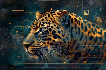 Leopard cat vibrant and dynamic abstract artwork of an animal feature a harmonious blend of bold colors such as blues, greens, and touches of gold, with fluid, sweeping lines and geometric shapes