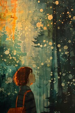 girl looking up at the sky in the woods
