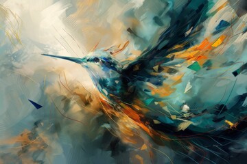Image of Bird avian vibrant and dynamic abstract artwork of an animal feature a harmonious blend of bold colors such as blues, greens, and touches of gold, with fluid, sweeping lines and geometric shapes printed on Printed Glass Splashbacks