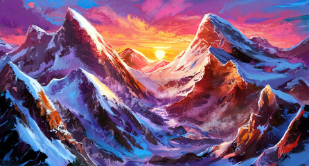 Obraz premium A breathtaking photograph of towering snowy mountain peaks under a dramatic sky, capturing the serene and majestic beauty of a winter landscape. 