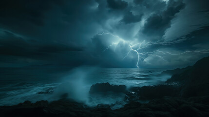 Fototapeta premium Lightning Illuminates Stormy Ocean at Night