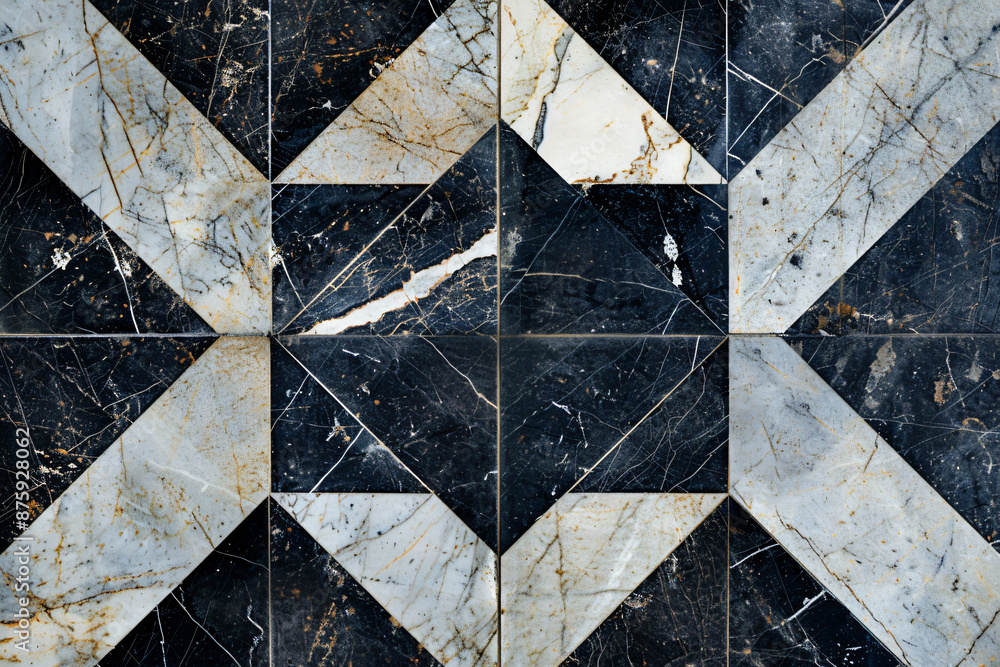 Poster a close-up of black and white marble tiles arranged in an x pattern, creating a geometric background