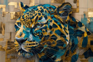 Leopard cat vibrant and dynamic abstract artwork of an animal feature a harmonious blend of bold colors such as blues, greens, and touches of gold, with fluid, sweeping lines and geometric shapes