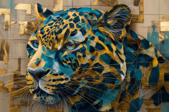 Leopard cat vibrant and dynamic abstract artwork of an animal feature a harmonious blend of bold colors such as blues, greens, and touches of gold, with fluid, sweeping lines and geometric shapes