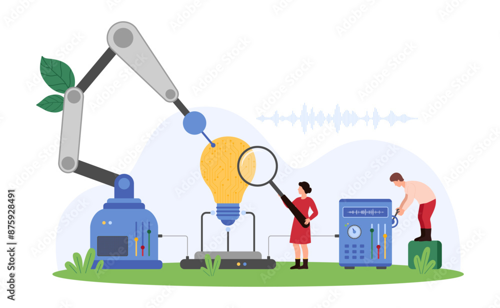 Poster development of digital creative project using ai technology, future tech innovation. tiny people wit