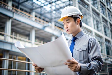 Asian Worker Looking at Building Plans
