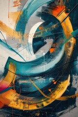 beautiful vibrant and dynamic abstract artwork feature a harmonious blend of bold colors such as blues, greens, and touches of gold, with fluid, sweeping lines and geometric shapes