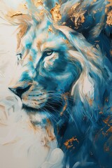 Lion beautiful vibrant and dynamic abstract artwork of an animal feature a harmonious blend of bold colors such as blues, greens, and touches of gold, with fluid, sweeping lines and geometric shapes