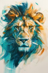 Lion beautiful vibrant and dynamic abstract artwork of an animal feature a harmonious blend of bold colors such as blues, greens, and touches of gold, with fluid, sweeping lines and geometric shapes