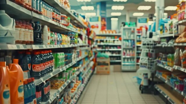 A retail shelf in a grocery store aisle filled with a variety of food and drinks. Different bottles juices, lemonades, soda, beverage, row.