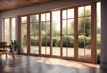 Fototapeta premium interior luxury terrace deck wooden living garden minimal large door view overlooks doors render room modern glasses wood open