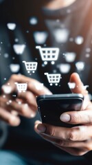 Online shopping concept: blurred background of Man holding smartphone with shopping cart icons