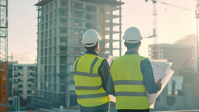 Construction engineers discussion with architects at construction site or building site of highrise building with Surveying for making contour plans is a graphical representation of the lay in land.