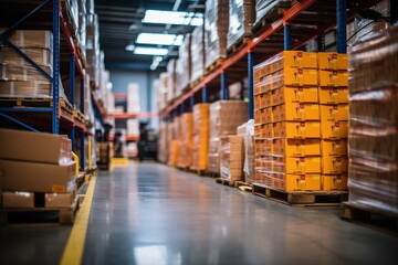 Industrial warehouse with shelves and boxes.
