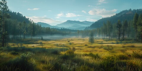 Mountain Meadow with Forest and Fog