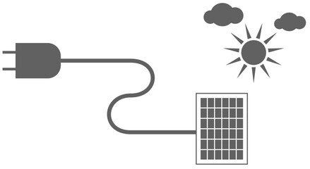 sun, clouds and solarcell generated clean energy. solar panel connected plug, Solar panels receive light from the sun. Alternative energy from sunlight.