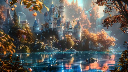 Fototapeta premium A charming painting of a whimsical fairy tale castle on the surface of glass, with intricate details and vibrant colors.