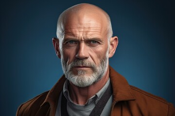 Fototapeta premium A man with a beard and gray hair is wearing a brown jacket and a gray shirt