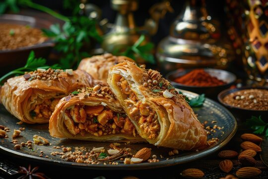 B'stilla or Bastilla, a Savory Moroccan Chicken Pie, Pastilla Pigeon Pie Topped with Almonds and Powdered Sugar