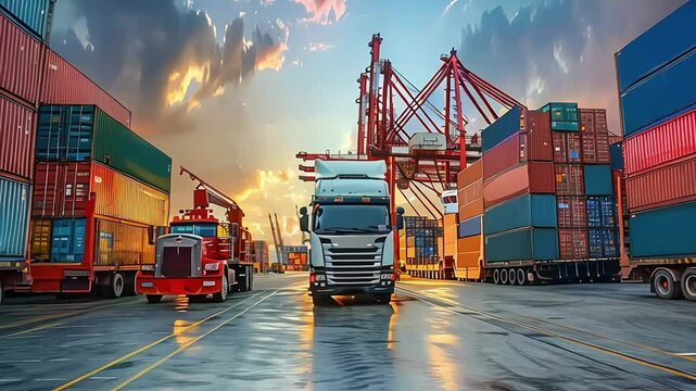 crane loading cargo container from truck to container ship in the international terminal logistic sea port concept freight shipping by ship