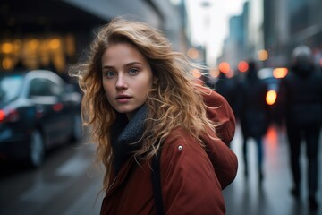 Fototapeta premium A woman with long blonde hair is standing on a city street