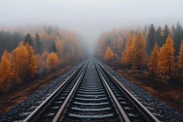 A misty autumn morning with train tracks leading into a dense forest of golden leaves.