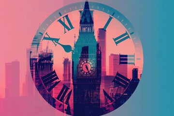 A vibrant double exposure image featuring a clock overlay on a cityscape with modern and classic architecture.