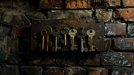 Three keys hanging from a brick wall