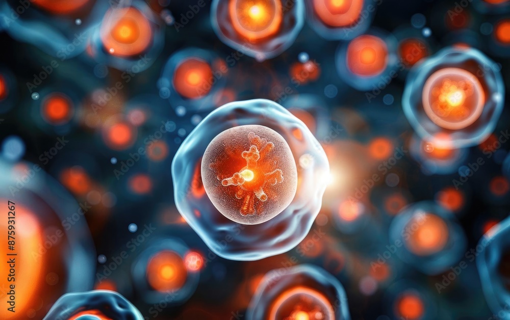 Poster microscopic view of vibrant, glowing cells, showcasing complex biological structures in a dynamic an