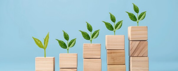 Five wooden blocks arranged in ascending order with growing green plants on top, representing growth and progress on a blue background.