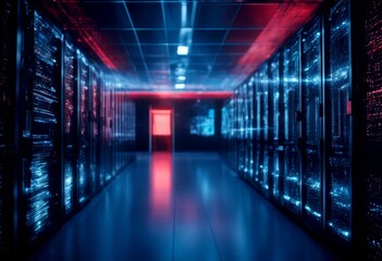 Fototapeta premium filmed filled neon blue servers lights center supercomputers dark data background room working