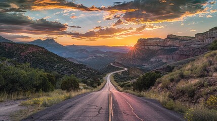 American Road. Scenic Route 66 at Sunset in Utah and Nevada Mountains