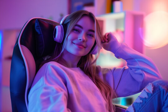 Portrait of smiling young girl game streamer wearing headphones, sitting comfortably in a gaming chair in a neon-lit room with a relaxed expression.