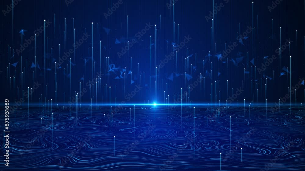 Poster deep cyber stage waves lights, digital waving lines particles big data streams animation. product pr