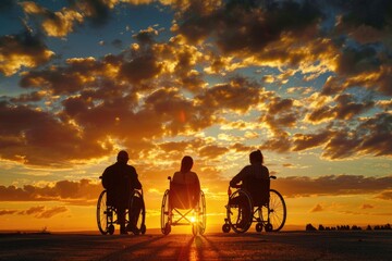 Fototapeta premium Physical Disability. Helping Hand at Sunset: Three People in Wheelchairs Embracing Hope