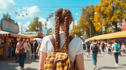 Fototapeta premium Woman with braids weaves through bustling Oktoberfest fair