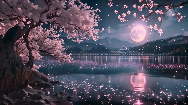 Cherry blossoms by Blue lake, Golden Moon backdrop, anime scenery