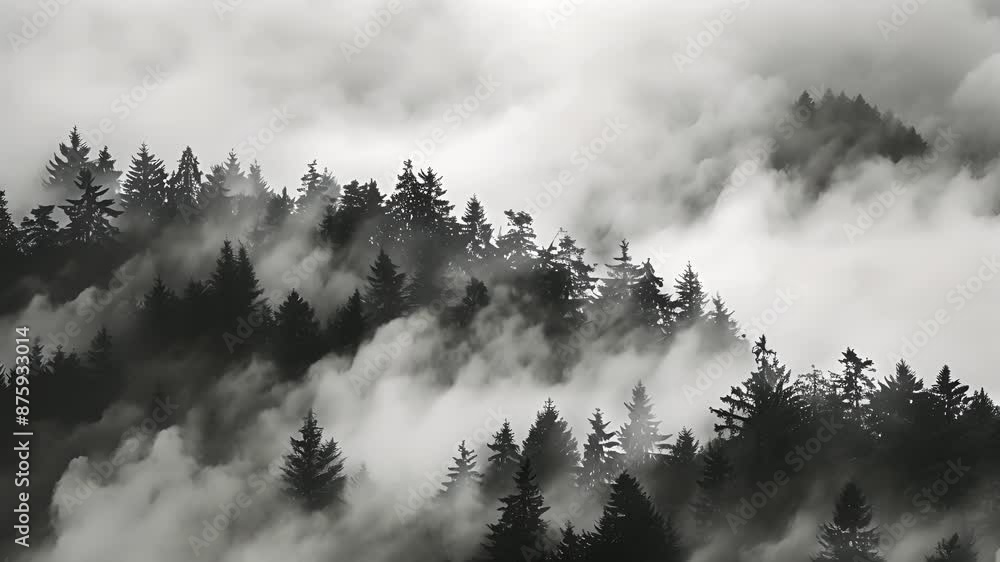 Aufkleber a dense forest is ly visible in the distant fog creating a sense of detachment and mystery. black an