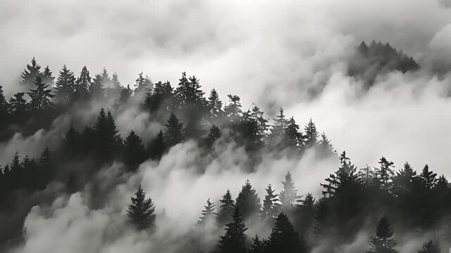 A dense forest is ly visible in the distant fog creating a sense of detachment and mystery. Black and white art