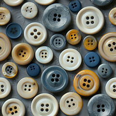 Seamless pattern of different colored buttons on gray background.