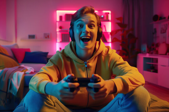 A young man wearing headphones and a yellow hoodie excitedly playing console video games in a colorful, neon-lit room.