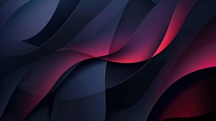 Abstract design featuring flowing, curved shapes with a gradient of colors ranging from deep purple to vibrant red, set against a dark background