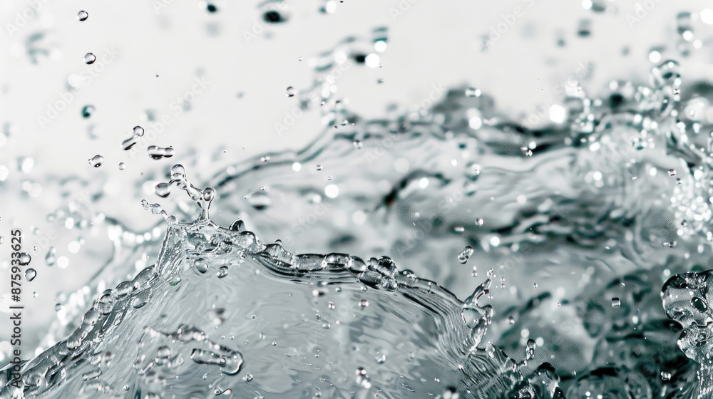 Poster water splashes displaying movement with air bubbles on a white background with empty space for text