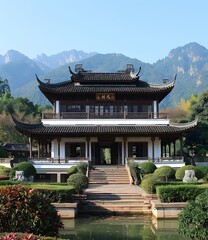 Traditional Chinese Architecture with Mountain View