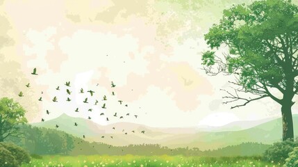 A Flock of Birds Taking Flight Over a Tranquil Landscape