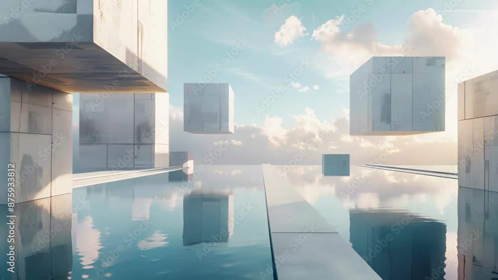 Poster the perfect geometry of each floating cube creates a sense of order and balance.