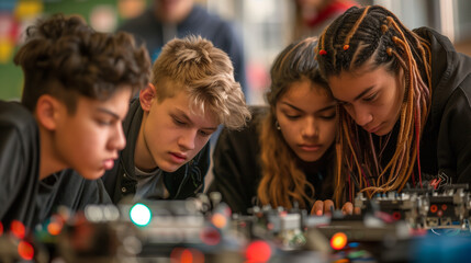 high school students collaborating on a robotics project in a classroom setting focused on building and programming teamwork and learning