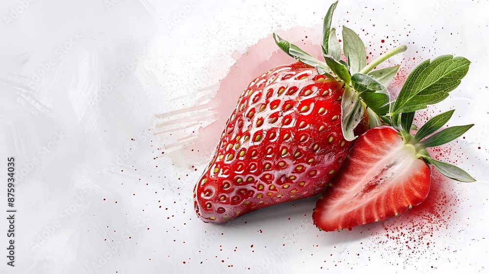 Poster create a basic watercolor image of a ripe strawberry with vivid red color and green leaves, highligh