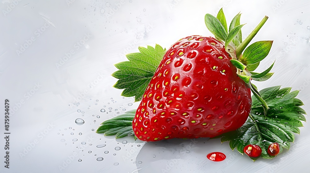 Poster create a basic watercolor image of a ripe strawberry with vivid red color and green leaves, highligh