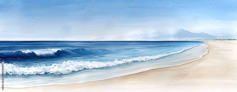 Wall mural design a basic watercolor illustration of a serene beach scene, featuring blue waves, sandy shore, a